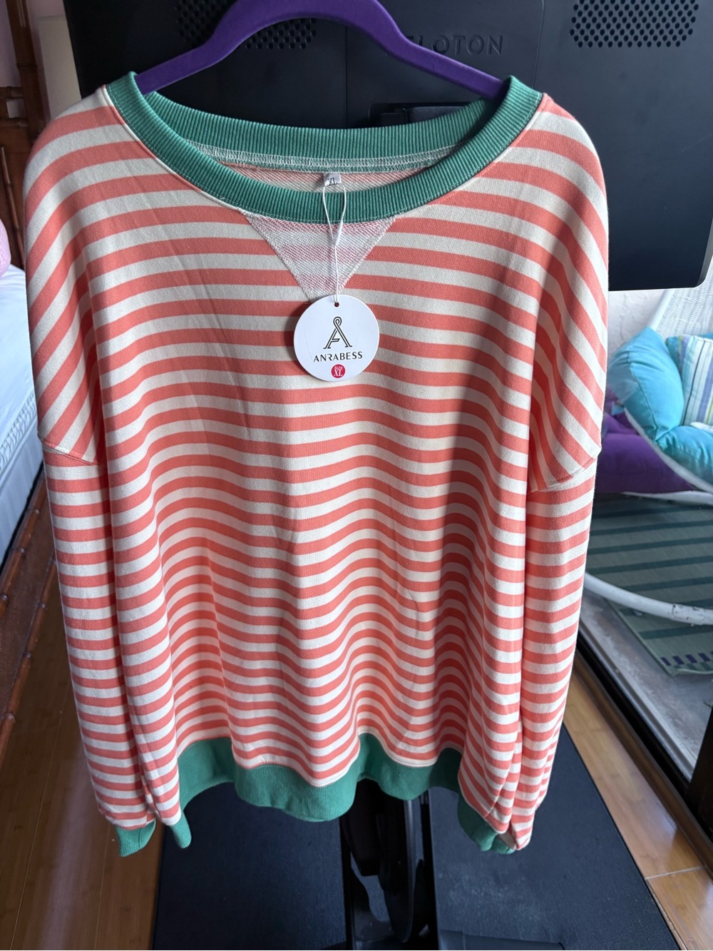 Anrabess Coral and Cream Striped Crewneck Sweater with Green Trim